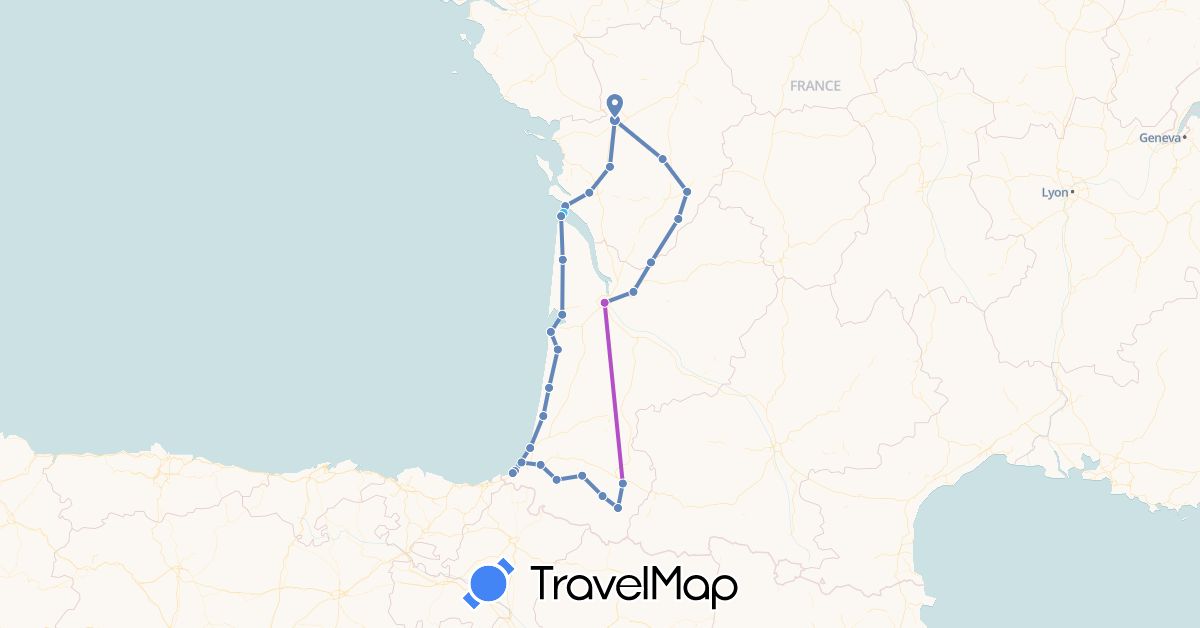TravelMap itinerary: driving, cycling, train, boat in France (Europe)